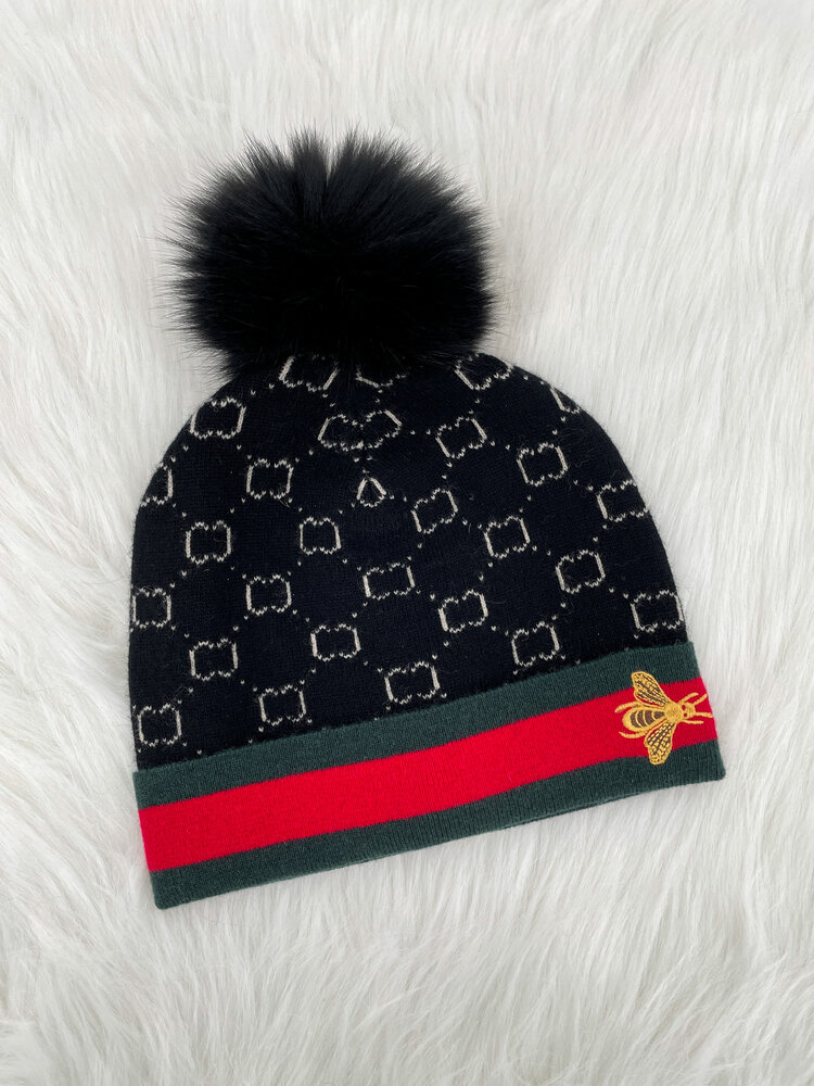 Knit Hat with Embroidered Bee Border & Fox Pom