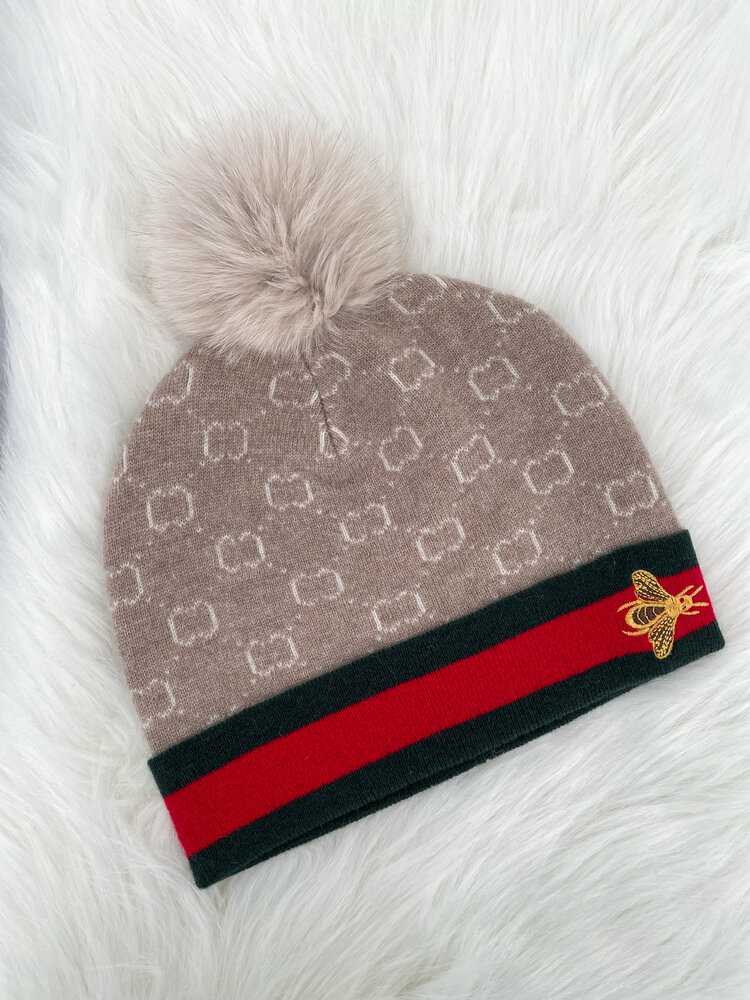 Knit Hat with Embroidered Bee Border & Fox Pom