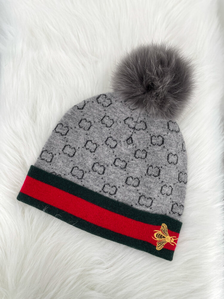 Knit Hat with Embroidered Bee Border & Fox Pom