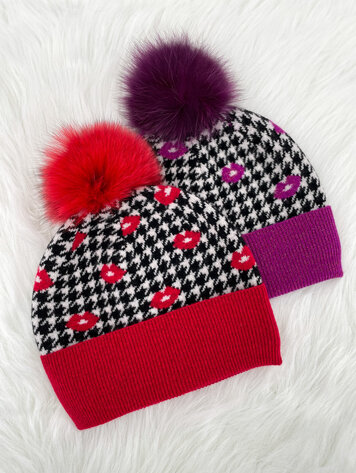 Houndstooth & Lips Hat with Fox Pom