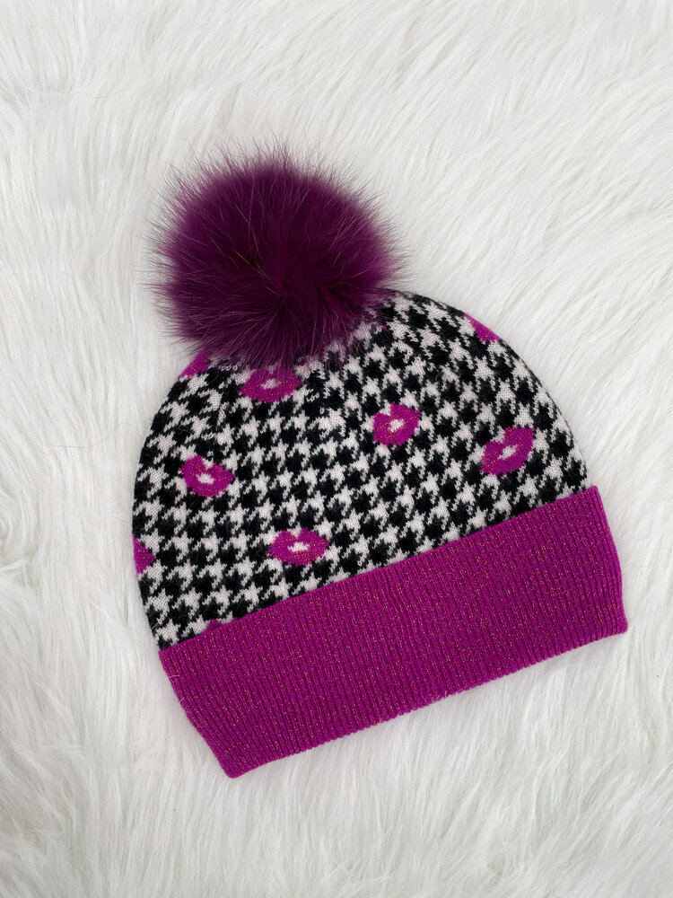 Houndstooth & Lips Hat with Fox Pom
