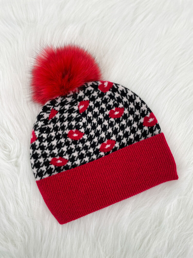 Houndstooth & Lips Hat with Fox Pom
