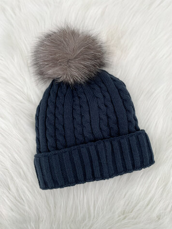 Navy Cable Knit Beanie Indigo Pom
