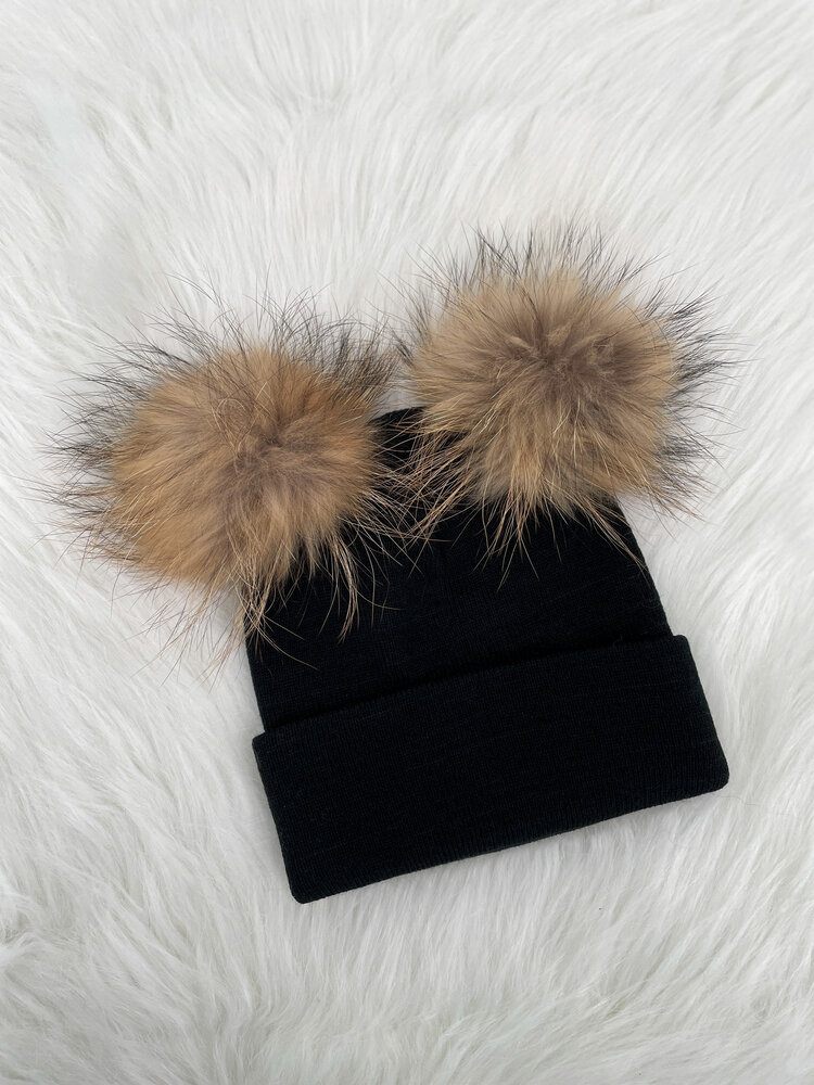 Knit Hat w/Double Fox Pom