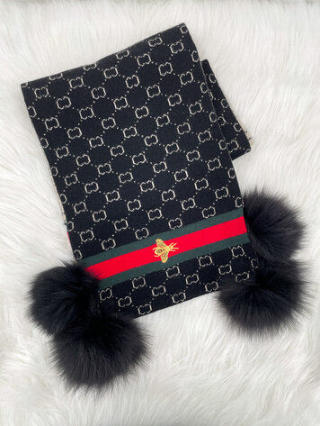 Knit Scarf with Embroidered Bee Border & Fox Pom