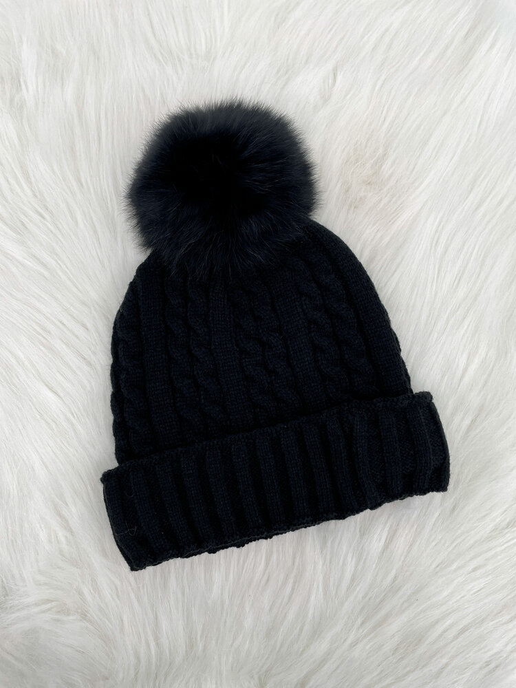 Cable Knit Beanie w/Fox or Raccoon Pom