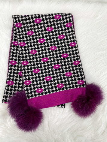 Houndstooth & Lips Scarf with Fox Pom