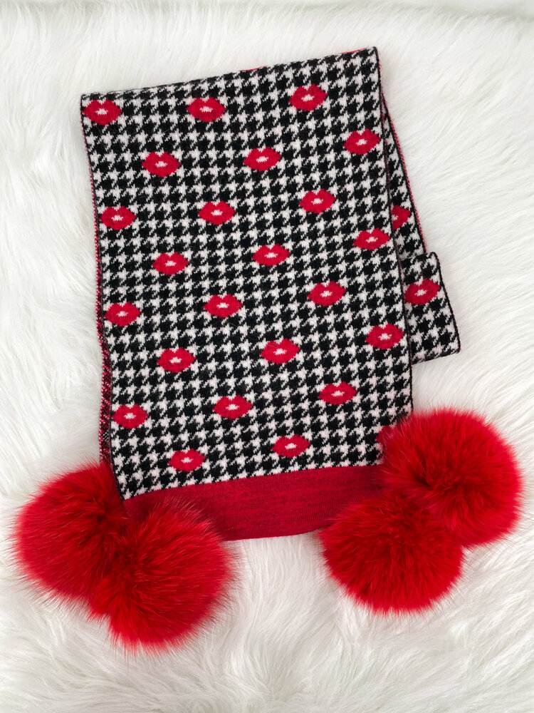 Houndstooth & Lips Scarf with Fox Pom