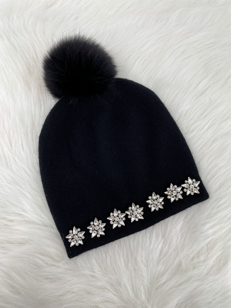 Wool Knit Hat w/Rhinestones & Fox Pom