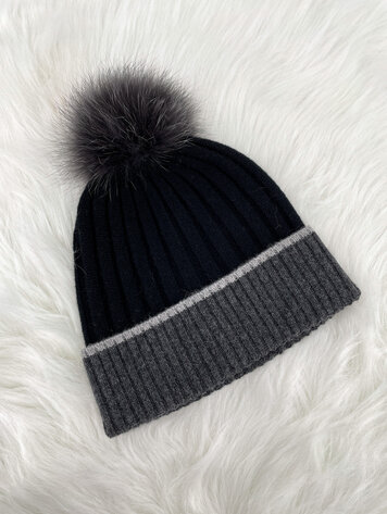 Knit Hat with Border & Fox Pom