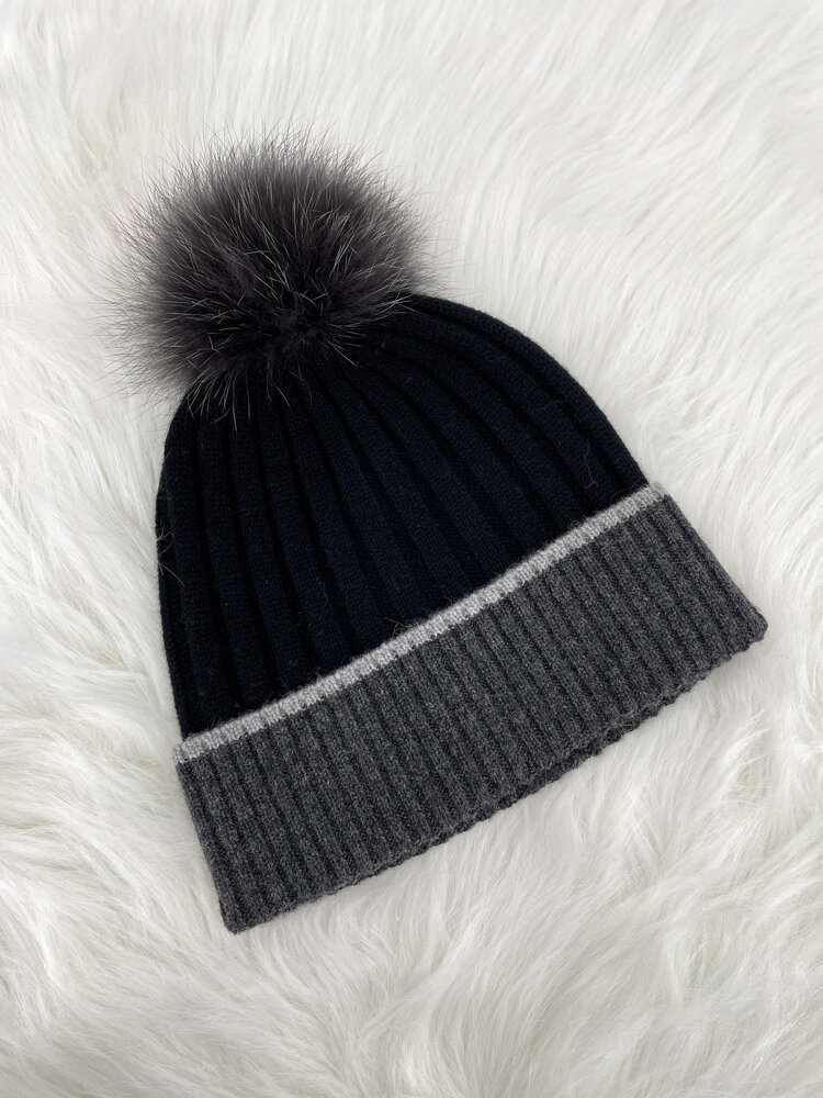 Knit Hat with Border & Fox Pom