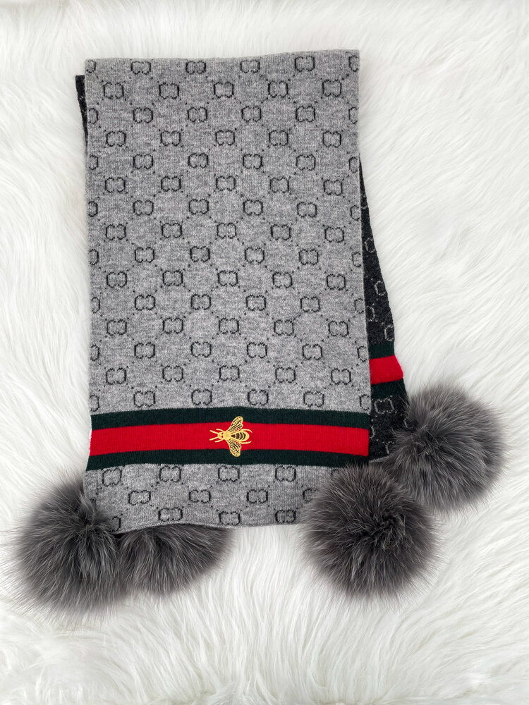 Knit Scarf with Embroidered Bee Border & Fox Pom
