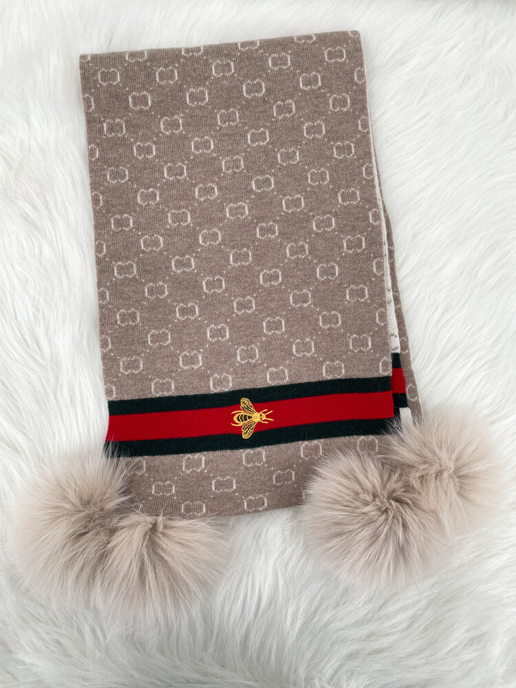 Knit Scarf with Embroidered Bee Border & Fox Pom
