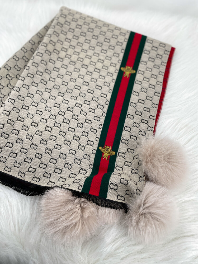 Woven Pink Bee Scarf w/Fox Trim