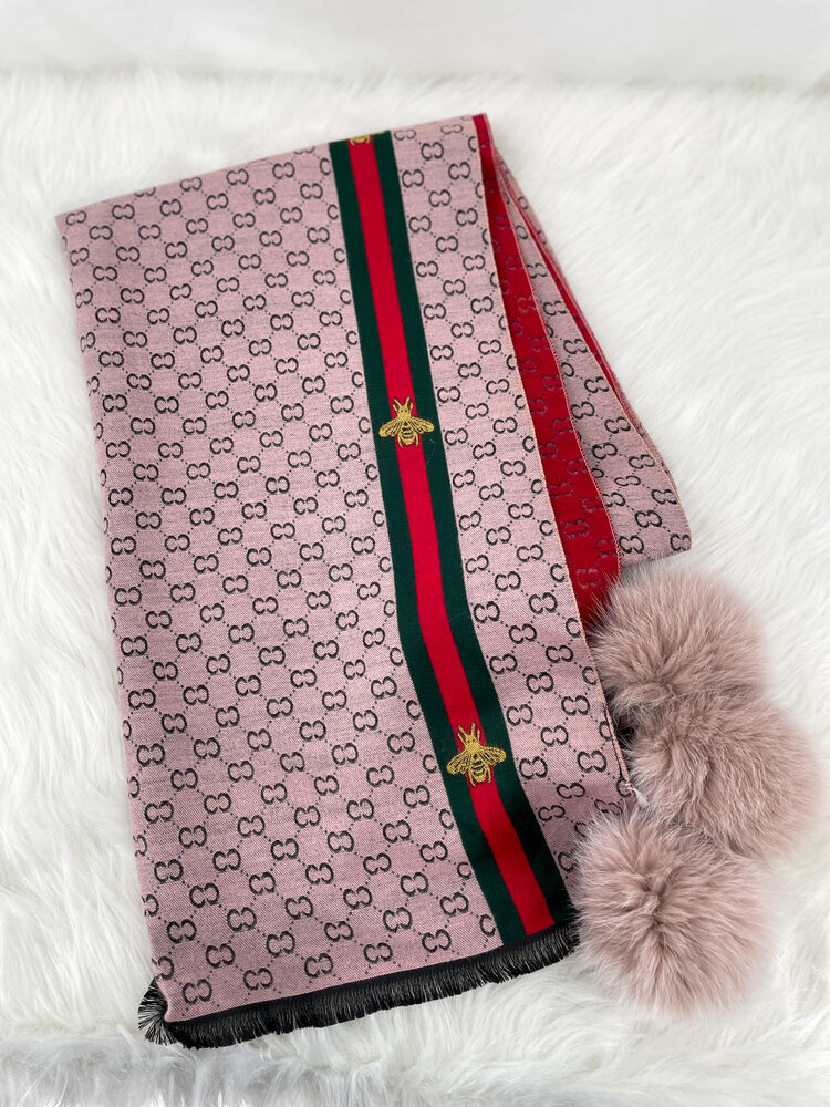 Woven Pink Bee Scarf w/Fox Trim