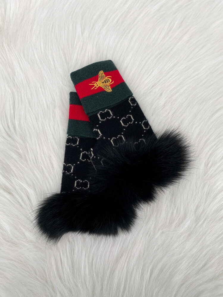 Fox Fingerless Gloves with Embroidered Bee Border