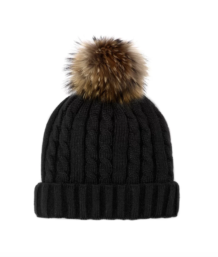 Cable Knit Beanie w/Fox or Raccoon Pom
