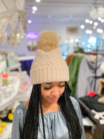 Woven Hat with Fox Pom
