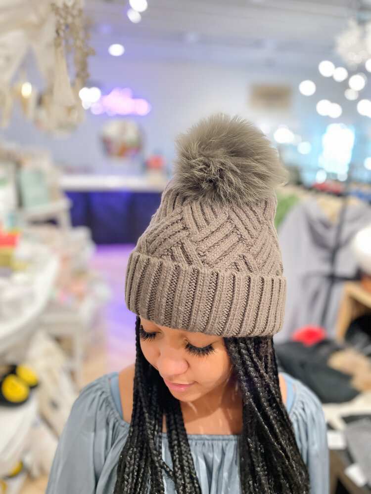 Woven Hat with Fox Pom