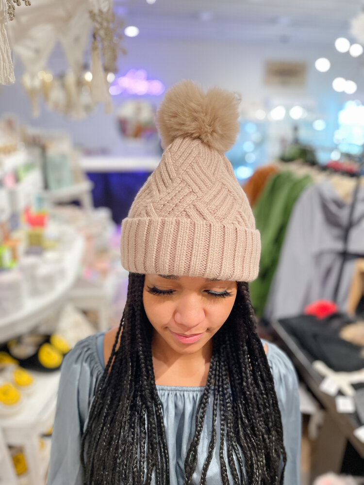 Woven Hat with Fox Pom
