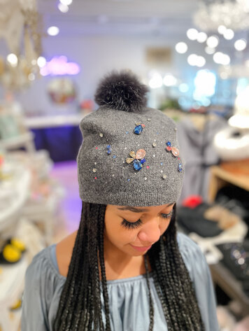 Beanie with Crystals and Fox Pom