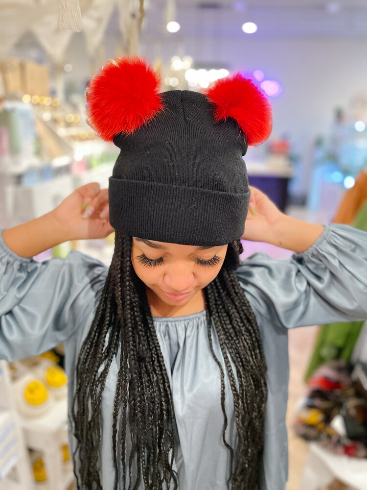Knit Hat w/Double Fox Pom