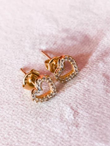 18K Yellow Gold Vermeil Mini Open Heart Studs w/Clear Crystals