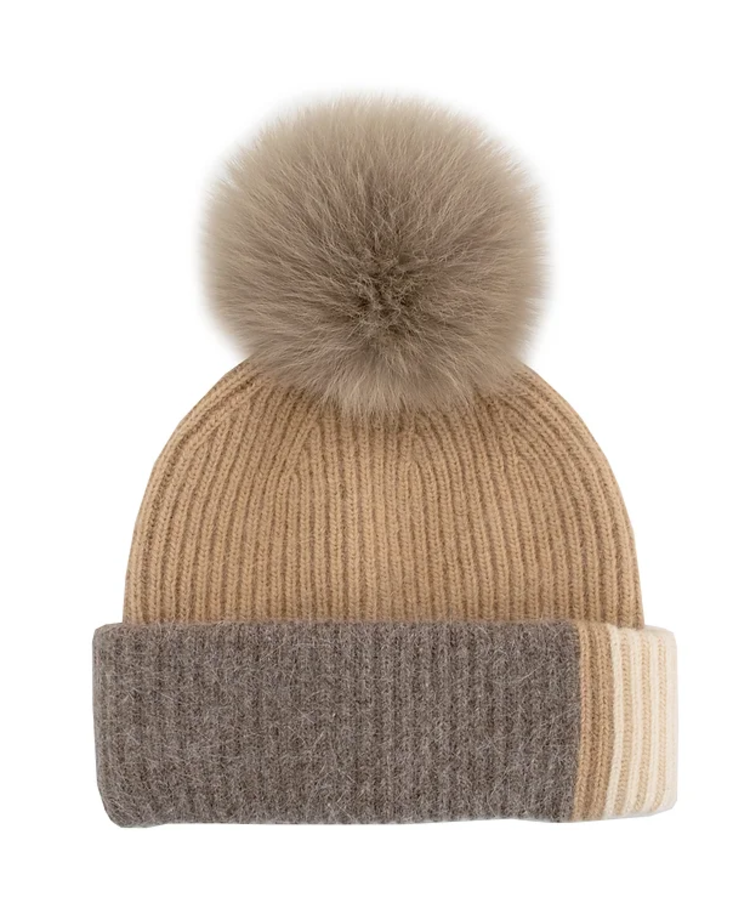 Camel Knit 3 Tone Beanie Fox Pom