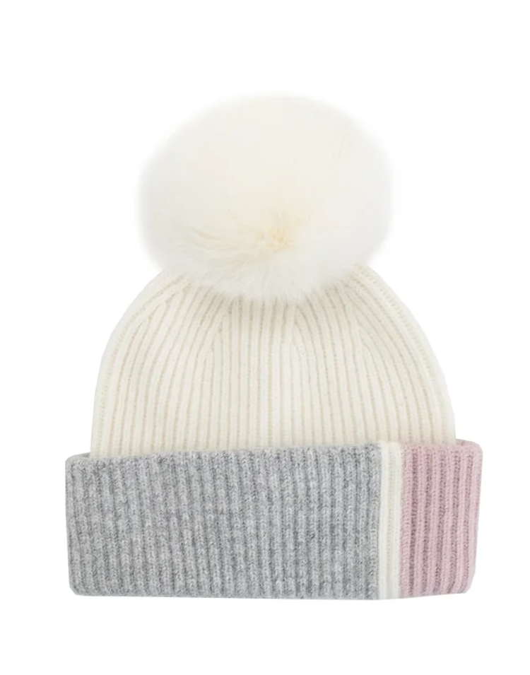 Pink & White Knit 3 Tone Beanie Fox Pom