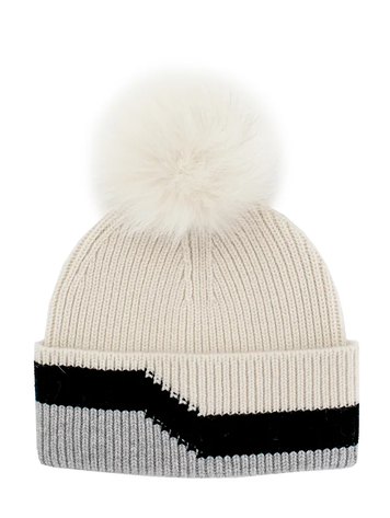 Ivory & Black Cashmere Blend 3 Tone Beanie Fox Pom