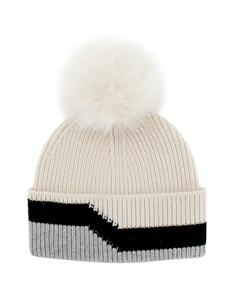 Ivory & Black Cashmere Blend 3 Tone Beanie Fox Pom