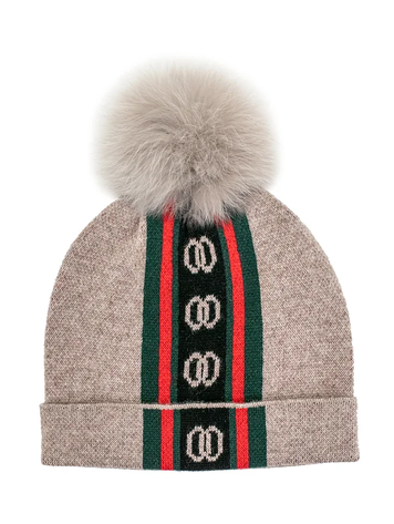 Beige Knit Hat w/Logos Fox Pom