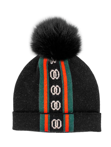 Black Knit Hat w/Logos Fox Pom