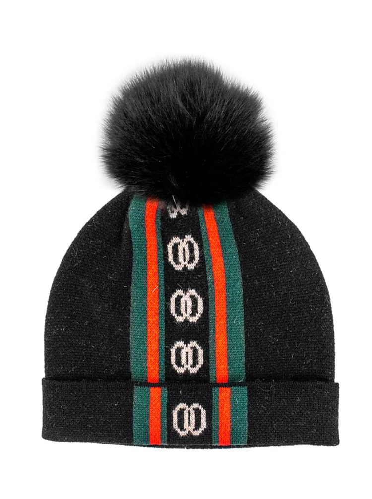 Black Knit Hat w/Logos Fox Pom