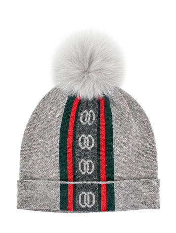 Grey Knit Hat w/Logos Fox Pom