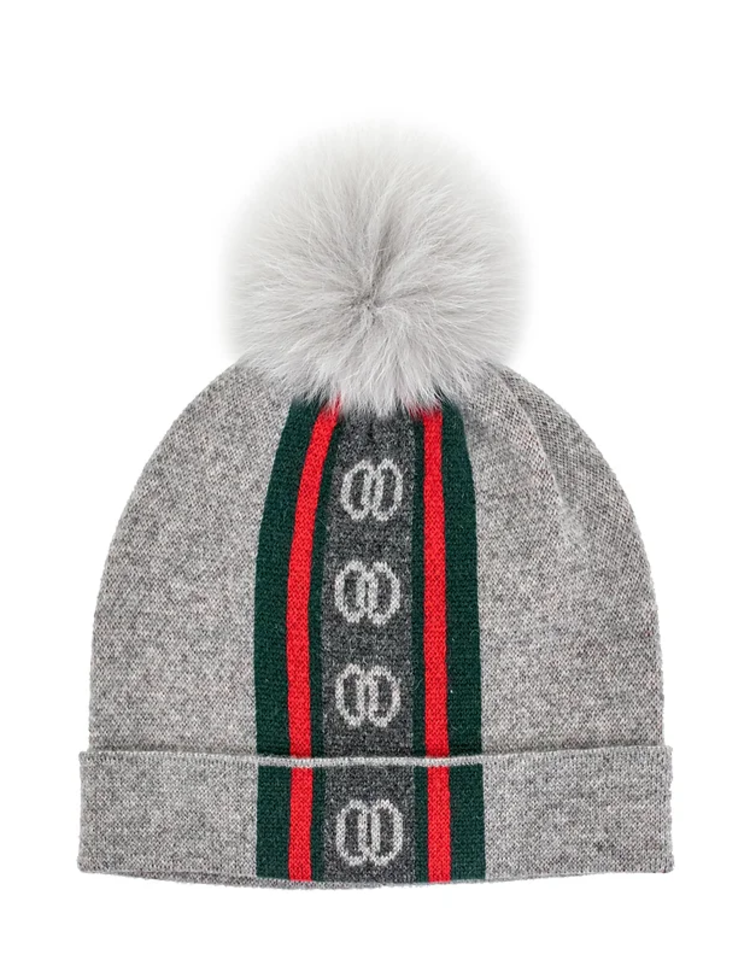 Grey Knit Hat w/Logos Fox Pom