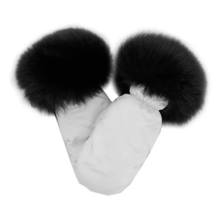 White Nylon Mittens w/Black Fox