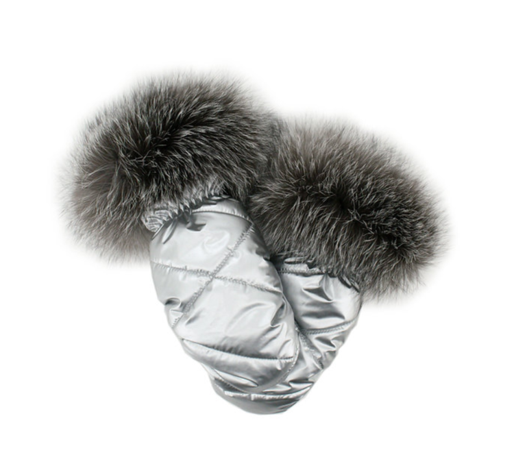 Silver Nylon Mittens w/Indigo Fox