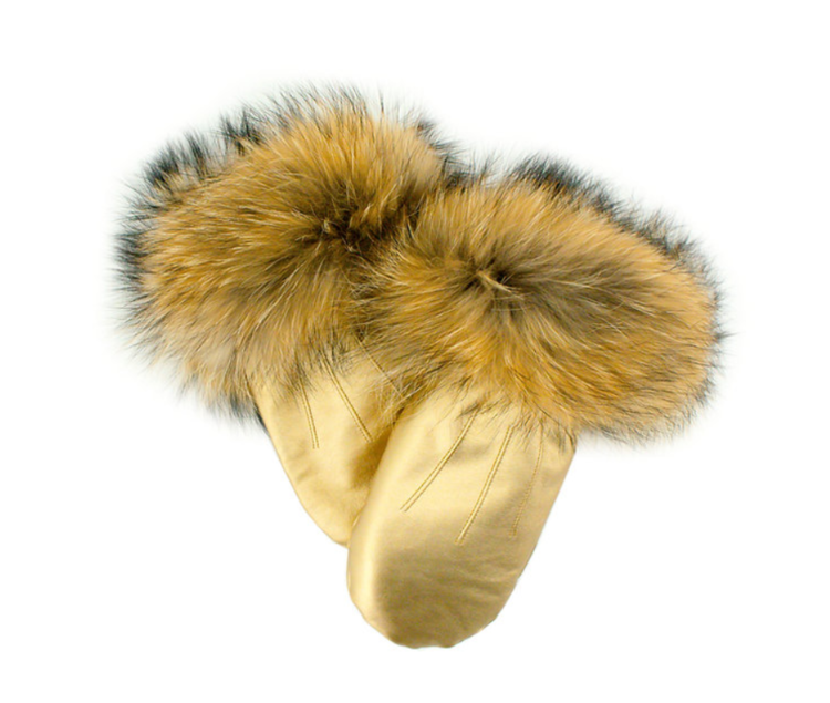 Metallic Gold Leather Mittens w/Fur Trim