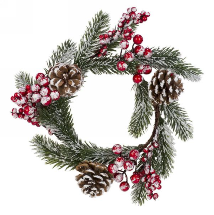 6" Frosted Pine & Red Berry Candle Ring