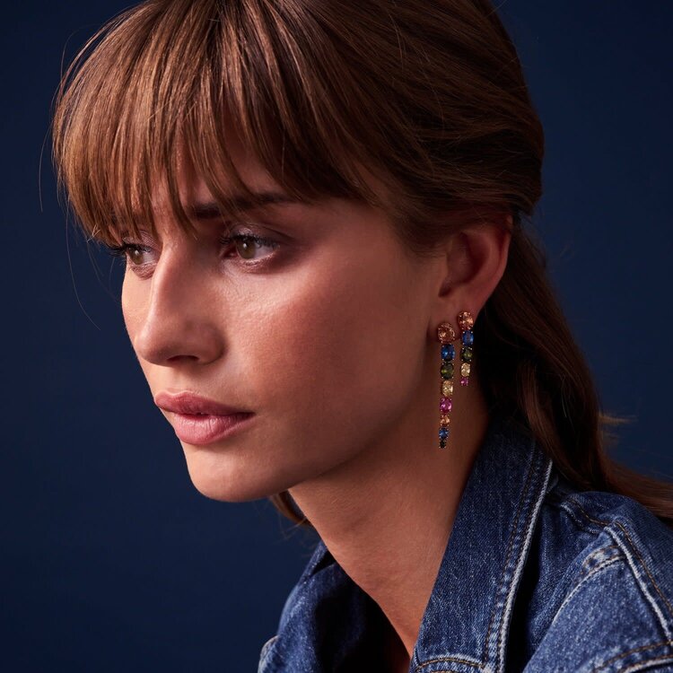 Ellisse Lungo Cinque Earring Yellow Gold with Multicolored Cubic Zirconia