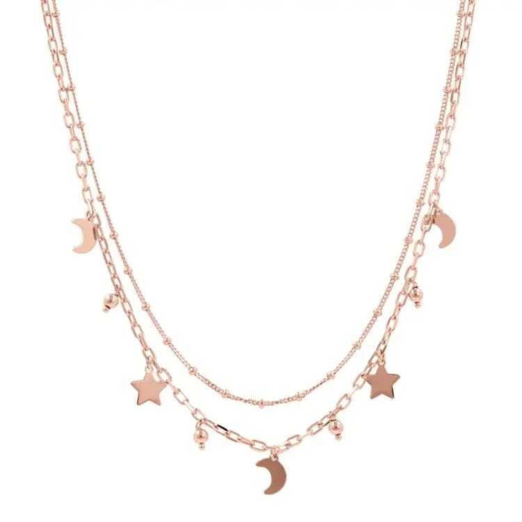 Rose Gold 2 Moon & Star Strain Necklace