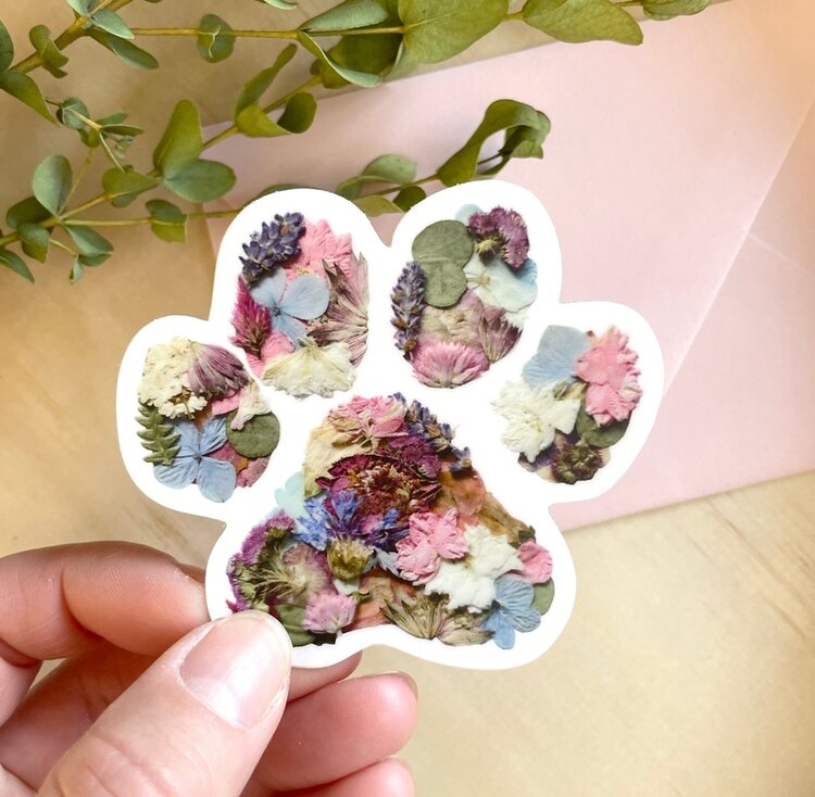 Paw Print Pressed Flowers Vinyl Sticker
