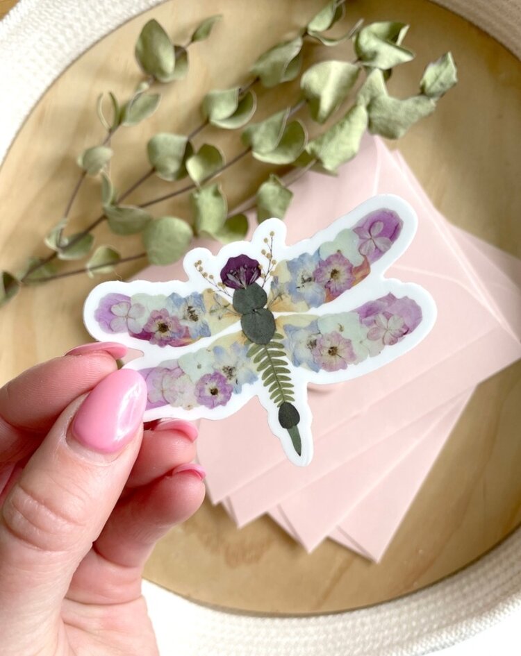 Dragonfly Pressed Flowers Vinyl Sticker