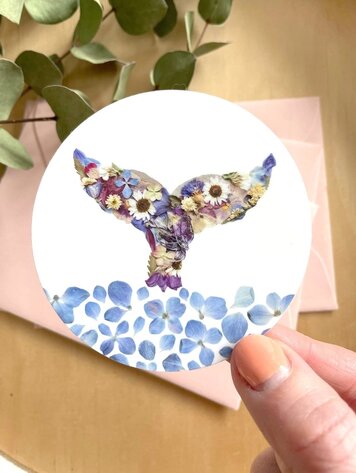 Whale Tail & Water Pressed Flowers Vinyl Sticker