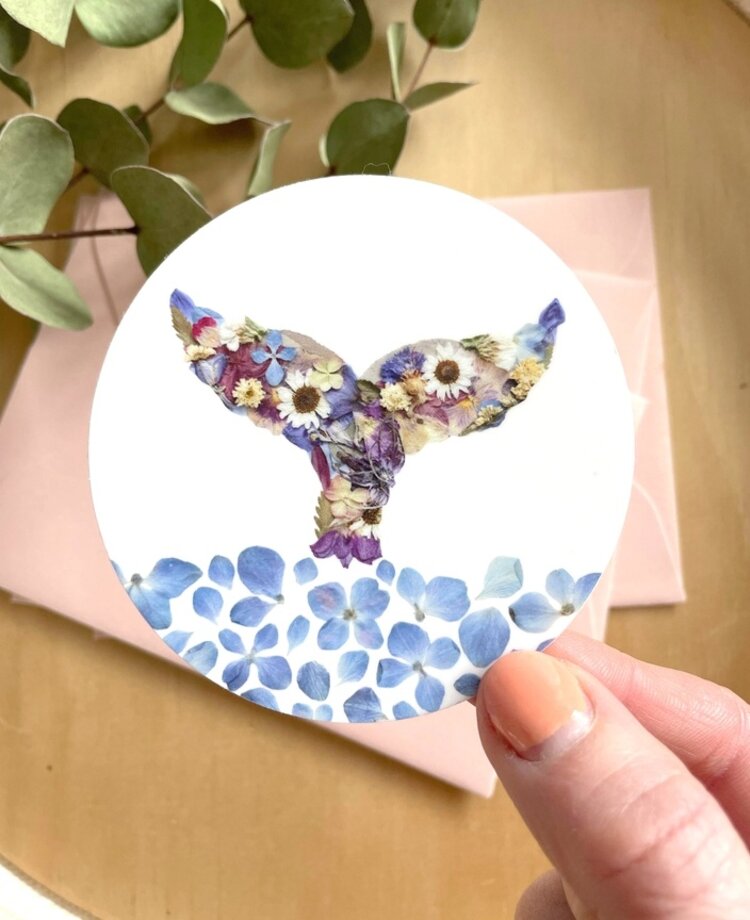 Whale Tail & Water Pressed Flowers Vinyl Sticker