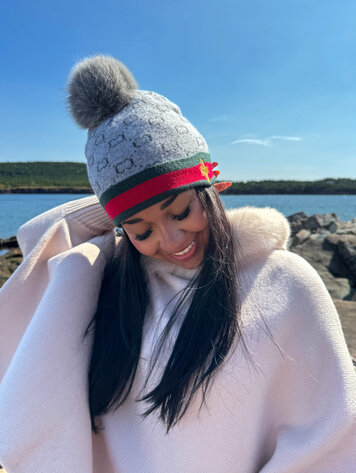 Knit Hat with Embroidered Bee Border & Fox Pom