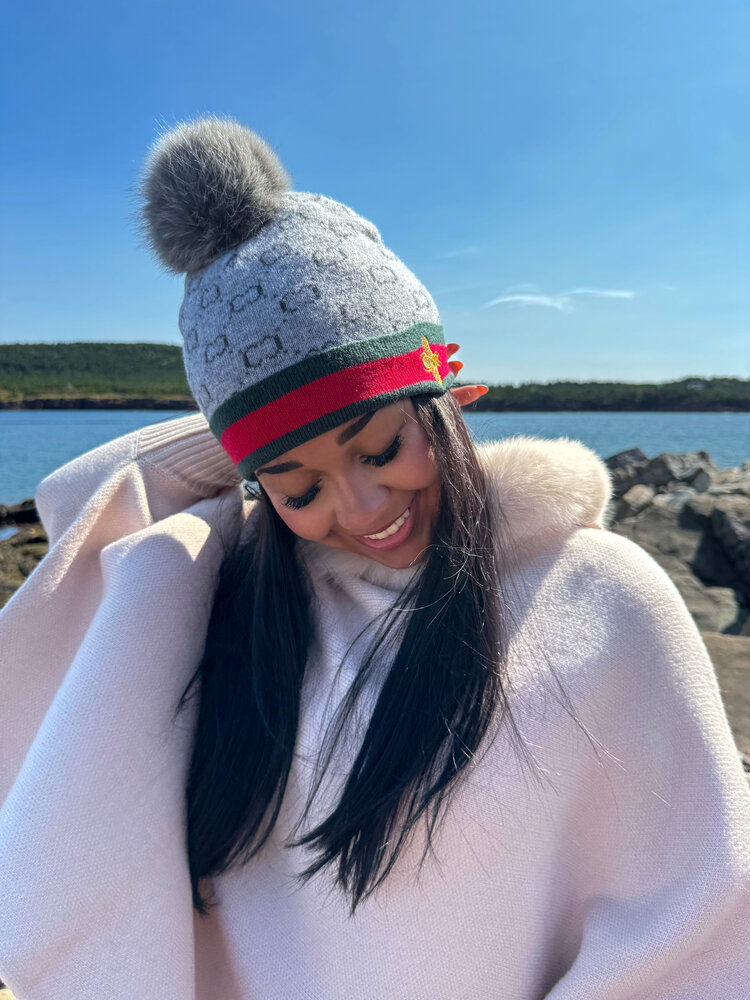 Knit Hat with Embroidered Bee Border & Fox Pom