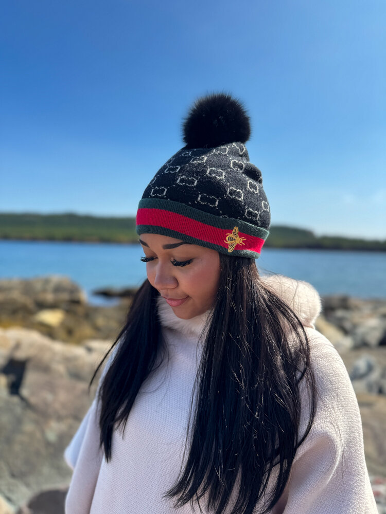 Knit Hat with Embroidered Bee Border & Fox Pom