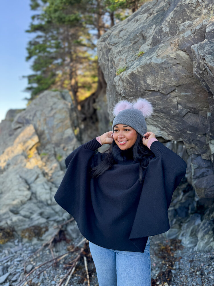 Knit Hat w/Double Fox Pom